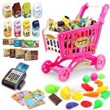 Kids Shopping Cart with Food Shopping Trolley Basket for Toy Shop Kitchen 65 PCS