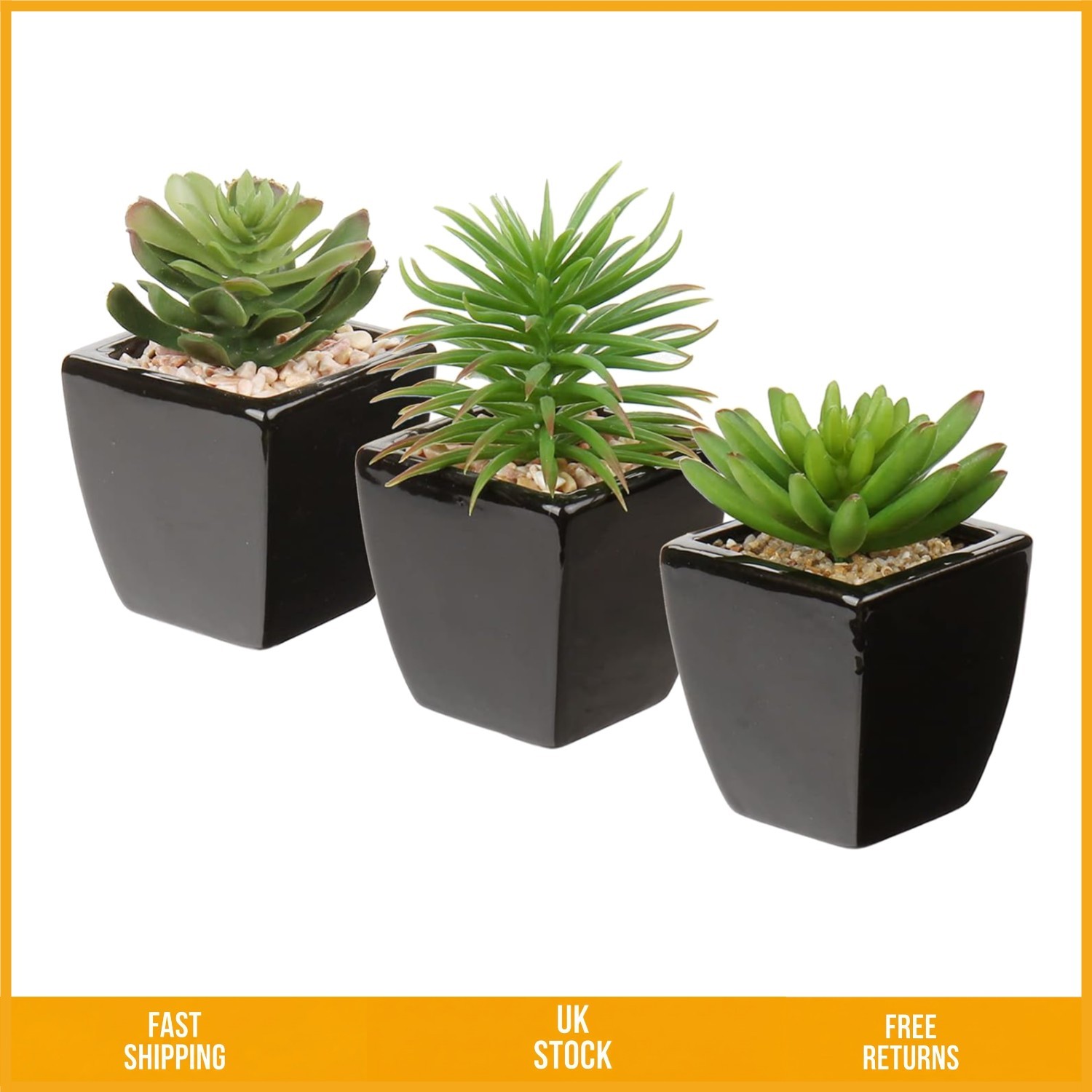 Elegant Lifelike Artificial Succulent Plants in Black Ceramic Pots Set of 3