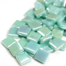 50 Tiles - 12 mm Iridescent Pale Teal Glass Square Mosaic Tile Pieces