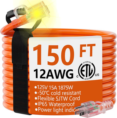 12/3 Gauge 150 Ft Outdoor Extension Cord Waterproof Heavy Duty with Lighted End,