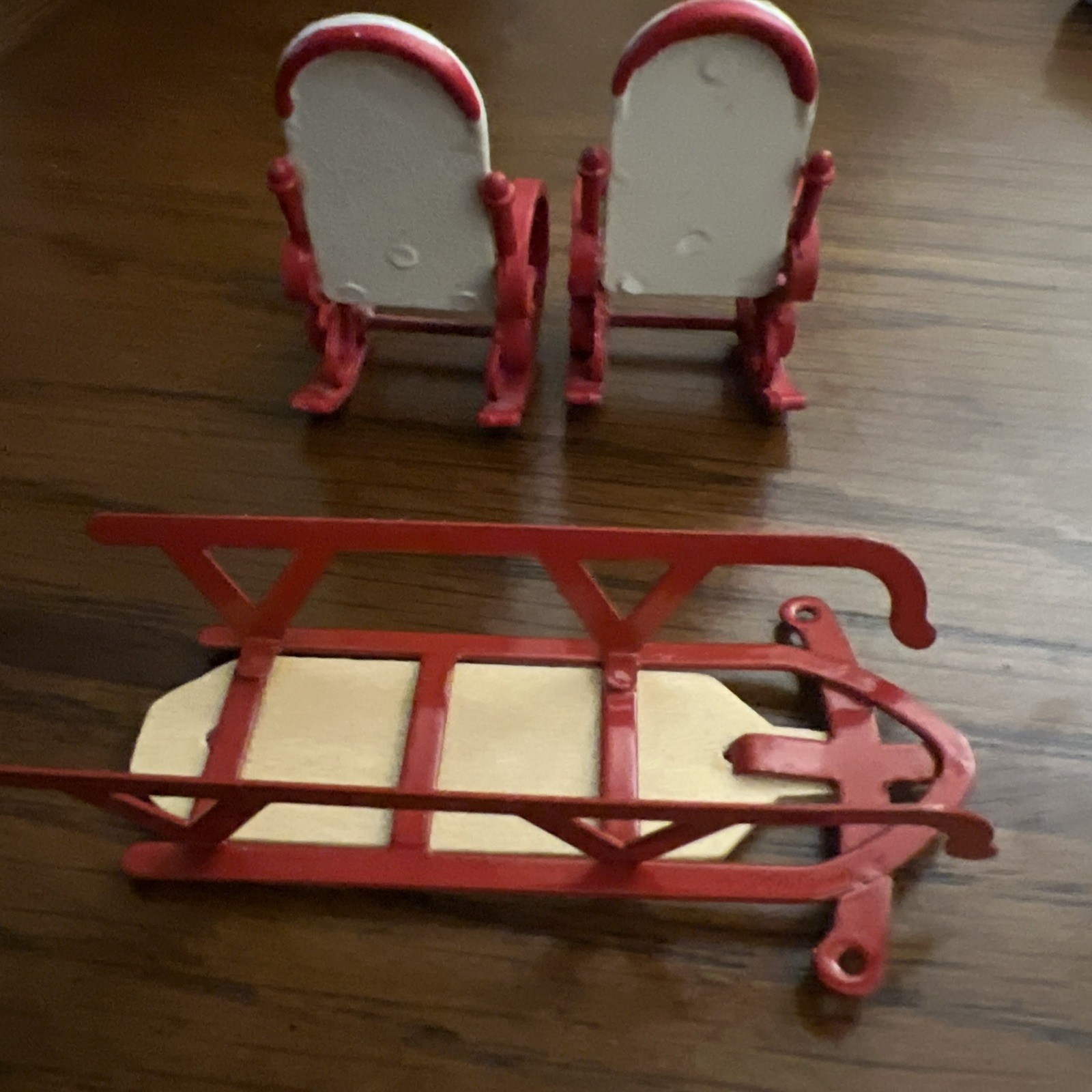 Dollhouse Furniture Size Red Metal 2 Rocking Chairs And Sled Lot Of 3 Holidays