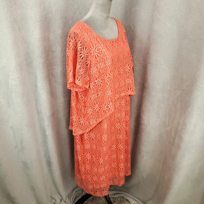 Catherines Dress Womens 1X Shift Lace Midi LIned Peach Orange Pullover Layered