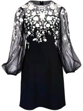 New NWT Carolina Herrera 2025 Embroidered Black White Floral Cocktail Dress US 4