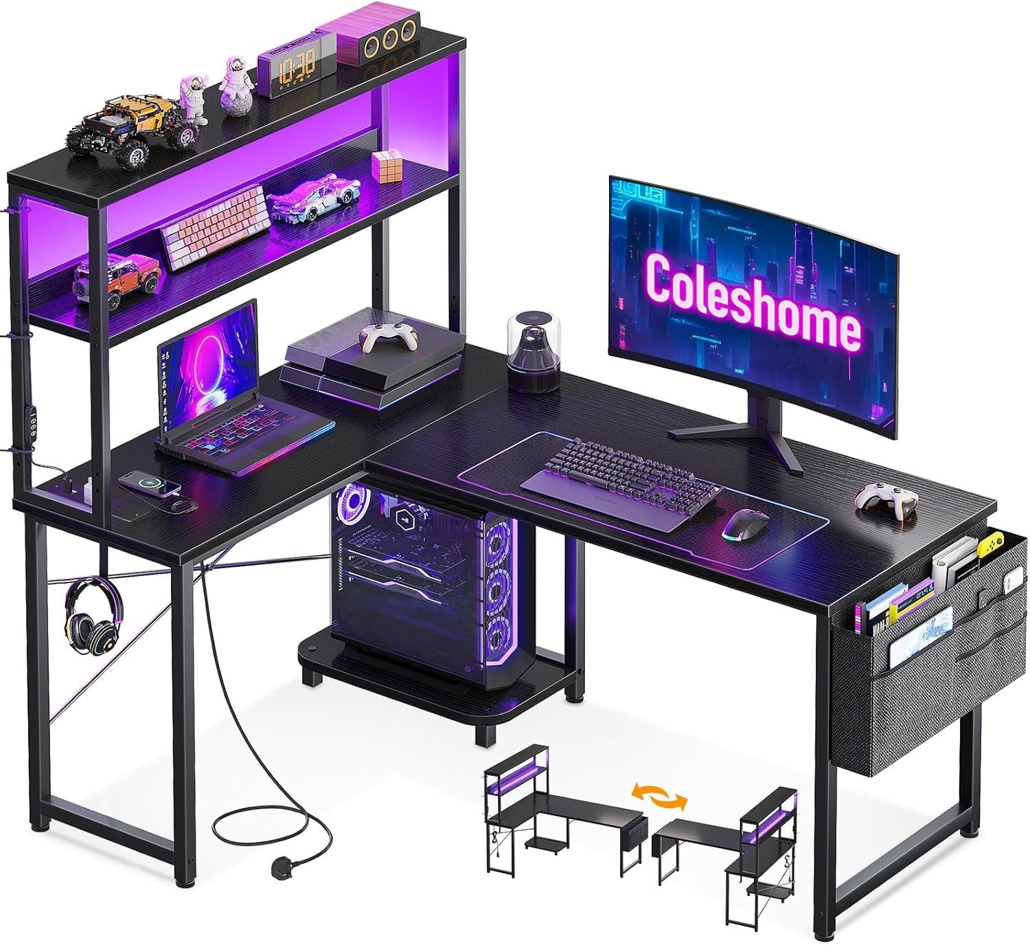 Coleshome L-Shaped Gaming Desk LED Lights Power Outlet