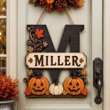 Personalized Halloween Wooden Door Sign,Custom Family Name Pumpkin Monogram Sign