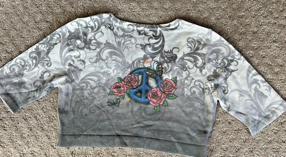 Limited Too Gray Peace Cropped Button Sweater Shrug Girls Size 10 - Image 3 of 4