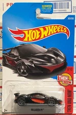 2017 HOT WHEELS MCLAREN P1, BLACK, #8/10 THEN AND NOW, #363/365, BLACK RIMS