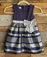Purple Rose Girls Sz 5 Holiday Dress Sleveless Lined Silver Navy Stripe Bow