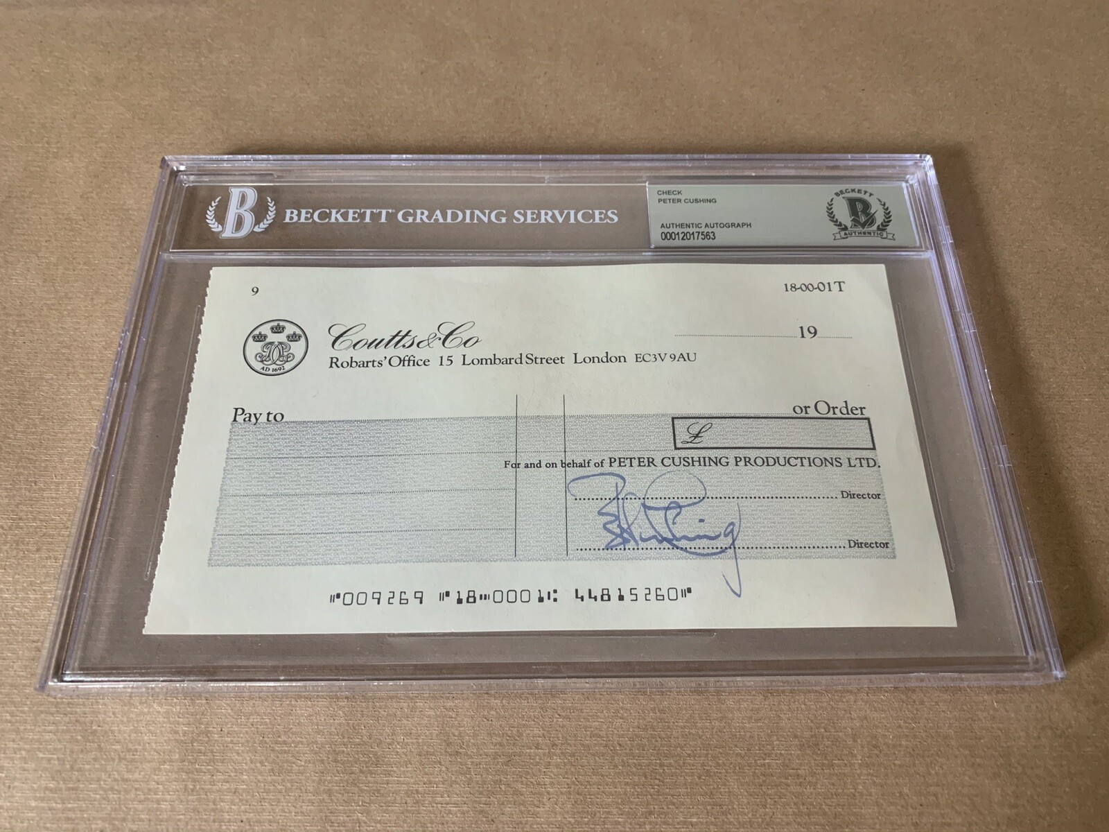 Peter Cushing Signed Blank Cheque - Beckett Authentic Encapsulated ***RARE***