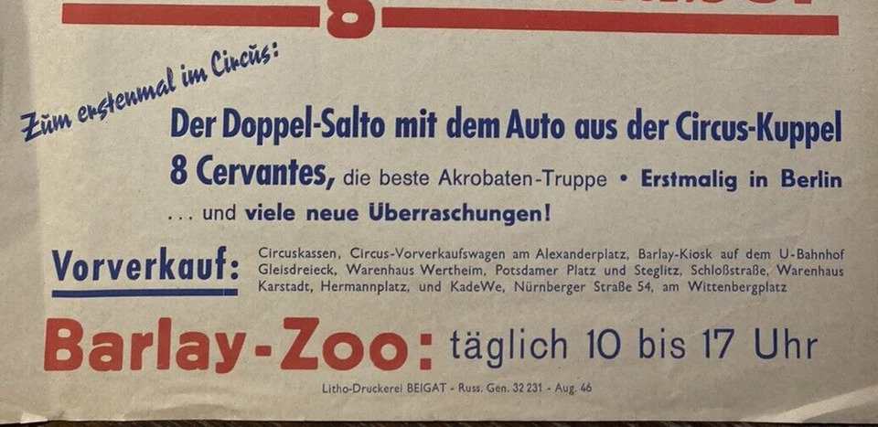 Werbung Plakat CIRCUS BARLAY August 1946 Berlin TOP Zirkus Beigat Zoo Salto - Bild 4 von 4