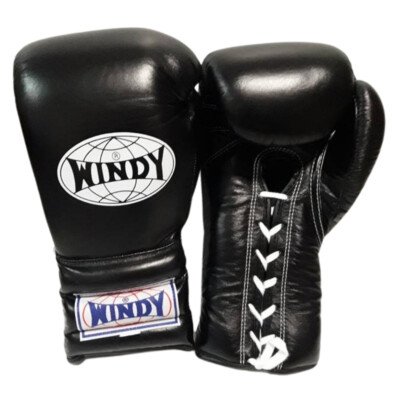 Windy lace up gloves BGL Black 6,8,10,12,14,16,18,20 oz. Sparring Muay Thai k1