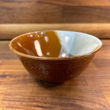 Vtg Japanese Small Two Tone Brown Cherry Blossom Asian Pottery Rice Soup Bowl