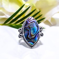Natural Abalone Shell Gemstone 925 Sterling Silver Ring Oxidize Jewelry Gift.
