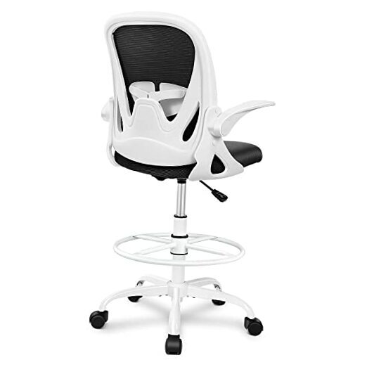 Adjustable Drafting Chair with Flip-Up Armrests – White Executive Office Stool for Standing Desks