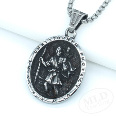 Stainless Steel Saint Christopher Medal Pendant Necklace - Cross Back ...