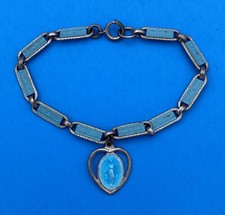 "Pulsera vintage con corazón medalla milagrosa Virgen María, azul esmaltado tono plata 7"""