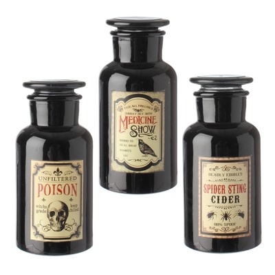 RAZ Import 7'' GLASS APOTHECARY BOTTLE w/ STOPPER~Set 3~Cider/Spell/Potion/Poisen