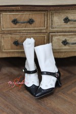 1/3SD BJD Shoes Black White Spliced Middle Boots PU Leather High Heels Carving