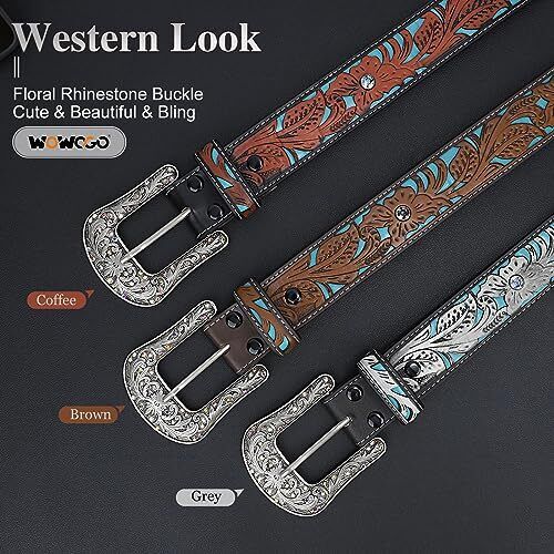 Western Belts for Women Cowgirl Cowboy Country Belt Turquoise Rhinestone Leather - Picture 6 of 15