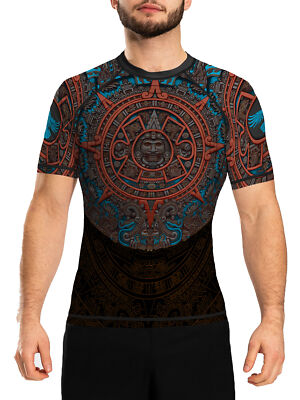Raven Fightwear Men's Mexica Aztec Calendar BJJ Rash Guard Short Sleeve MMA Blac