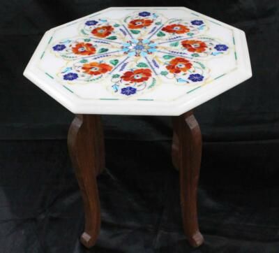 18'' Marble side Table Semi Precious Stone Pietra Dura Art With Wooden Stand