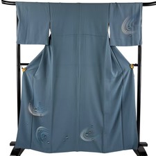 JAPANESE KIMONO TSUKESAGE blue-gray 164cm 5 ft 5 in PURE SILK AA10197
