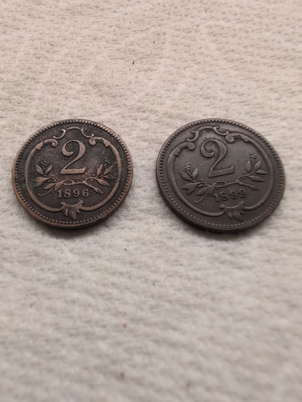 Lot of 2 Austrian 2 Heller Bronze Coins  in VF Condition, 1896 and 1899