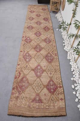 Turkish Runner Rug 2,5x12,9 ft, Vintage Herki Beige Solid Wool Rug