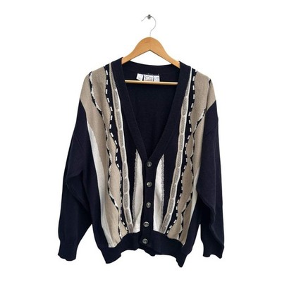 St Clou Strickjacke Herren Gr 52 L Schwarz Beige Vintage Retro Cardigan Wolle Mi