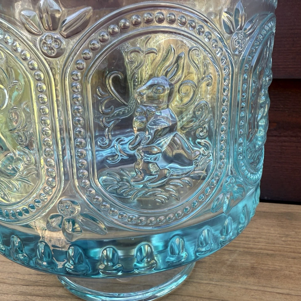 Embossed Bunnies Hobnail Large Heavy Trifle Pale Turquoise Pedestal Serving Bowl - Image 3 of 4