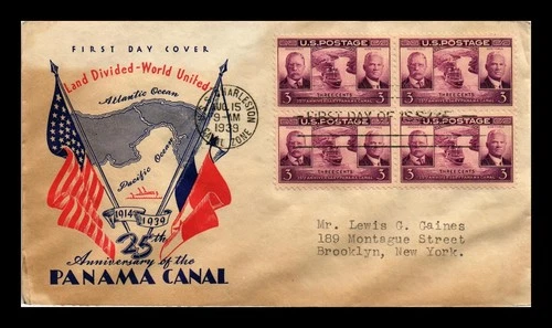PANAMA CANAL 25TH ANNIVERSARY FDC SCOTT 856 BLOCK OF 4 US COVER STAINED