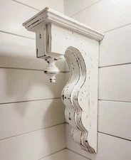 Pair of White Distressed Wood Corbels with Finial – 17-3/8" Tall Rustic Architec