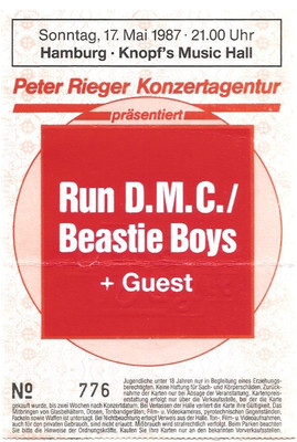 Run-D.M.C. & Beastie Boys Concert 1987Hamburg Ticket/Konzertkarte/Eintrittskarte