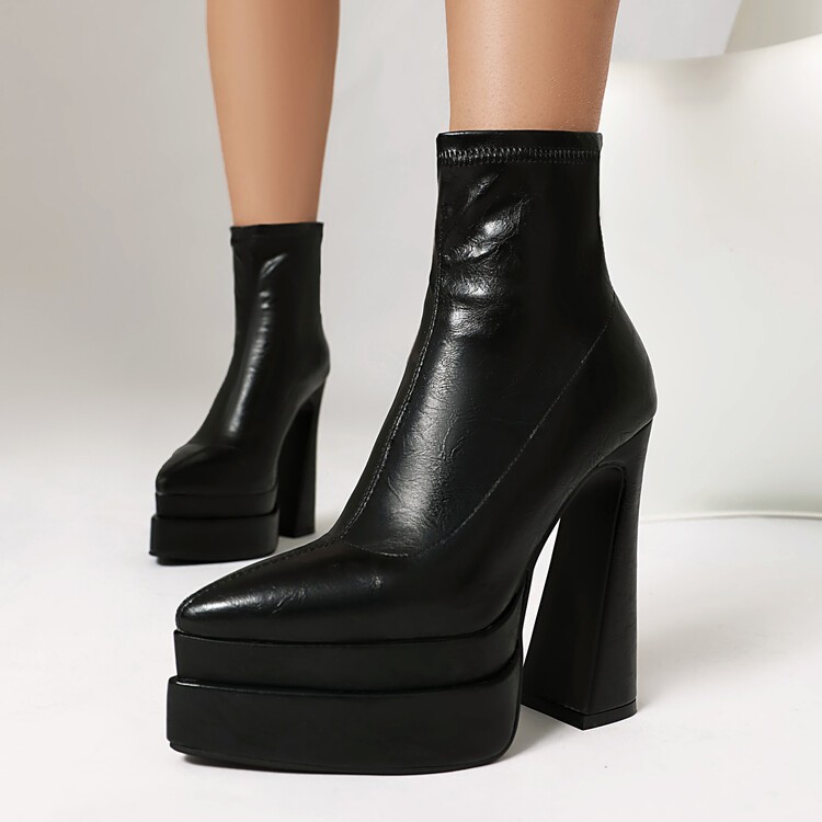 Womens Punk Ankle Boots High Block Heel Pointed Toe Pull On Platform Booties US