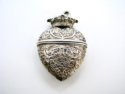 Antique Silver Crowned Heart French Locket Continental 800-900 Chatelaine