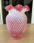 Vintage Fenton Cranberry Opalescent Hobnail Ruffled Glass Vase 8''