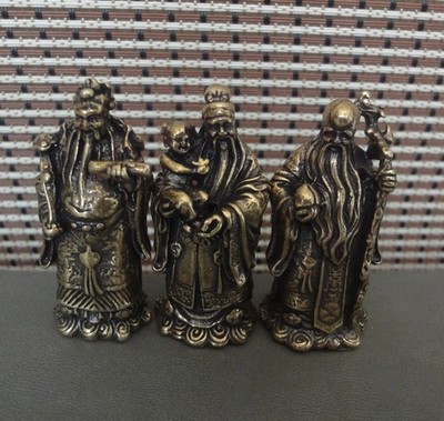 3Pcs Chinese Brass Life Mammon Longevity ''FuLuShou'' Wealth Buddha Statue