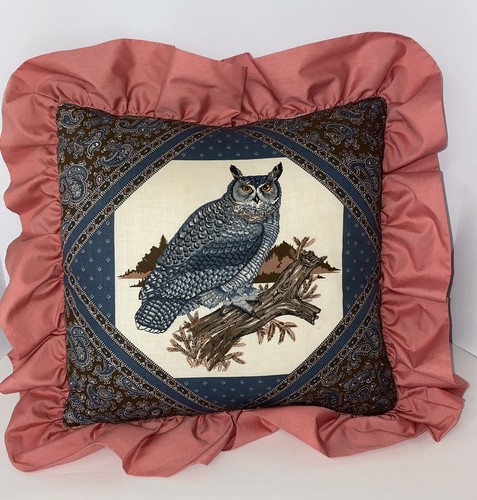 Vintage 3D Owl Design Throw Pillows Pair 15” x 14” Country Decor Mauve & Blue - Picture 7 of 9