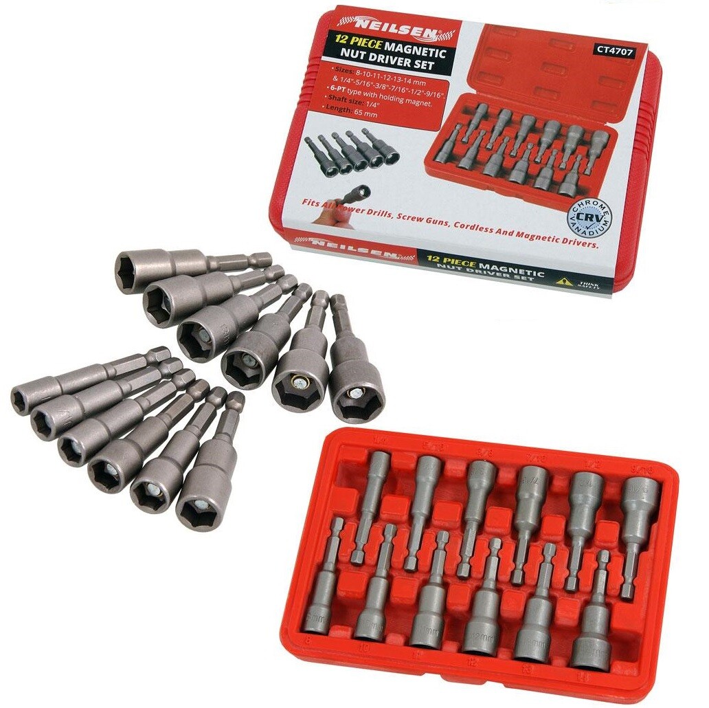 12pc MAGNETIC NUT DRIVER SOCKET SET Metric & SAE Sizes 1/4"" Hex Drive Power Tool