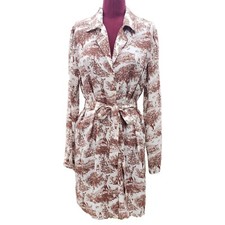Reformation Shirt Dress Medium Brown Forest Print White Button Front Tie Belt 