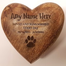 Heart Shaped Engraved Urn Pet Dog or Cat Wood  Casket Cremation Box Personalised