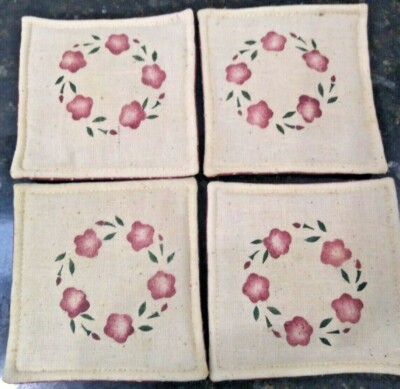 Set of 4 Handmade Cloth Scented Spice Mug Mats / Coasters Flower Wreath Pattern