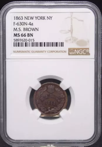 1863 CWT NY630N-4a NGC66 BN M.S. Brown & Wreath/Eureka 2 Warren St. New York