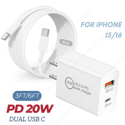 PD Fast Charger USB C To USB C Cord 20W Power Cube For iPhone 15 Pro Max 16 Plus