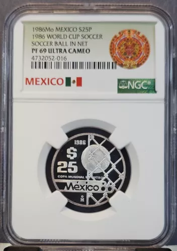 1986 MEXICO SILVER 25 PESOS WORLD CUP BALL IN NET NGC PF 69 ULTRA CAMEO TOP POP