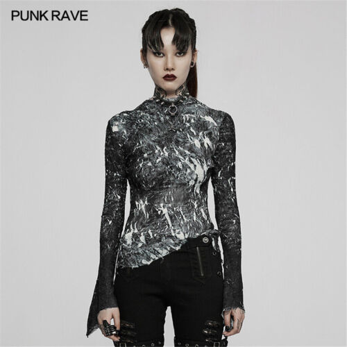Punk Rave Women's Gothic Elastic Slim T-shirt Punk Rock Tops Black & White Tees - Bild 1 von 18