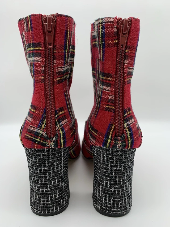 Betsey Johnson Womens US 11 Blanche Red Plaid Fabric Black Rhinestone Heel Boots - Image 3 of 4