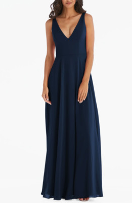 NWT After Six Chiffon Maxi Gown Women's Sleeveless V-Neck Navy Size 8 R