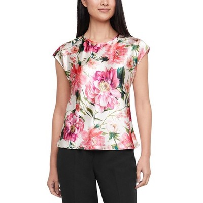 NWT Express Women's M Satin Floral Print Top Short Sleeves Crew Neck B0942
