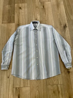 Alan Flusser Striped Dress Shirt M 100% Cotton Gray Green Pink Long Sleeve